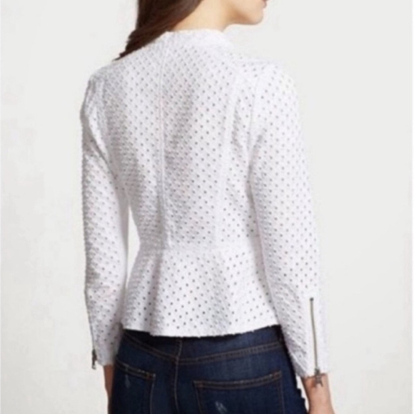 Rebecca Taylor Women’s Size 8 Designer Eyelet White Moto Peplum Zip Up Jacket - Picture 2 of 8